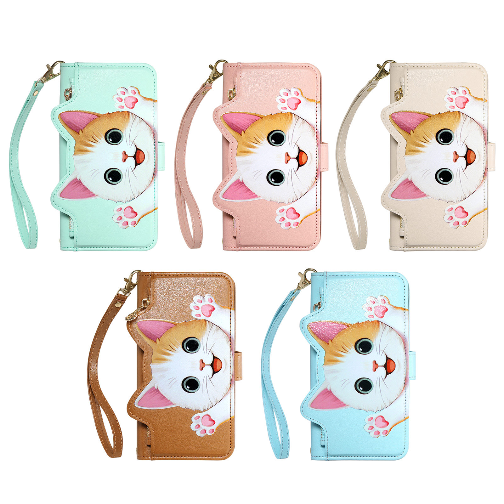 Flip Leather Case - Cute Cat PU Leather Zipper Wrist