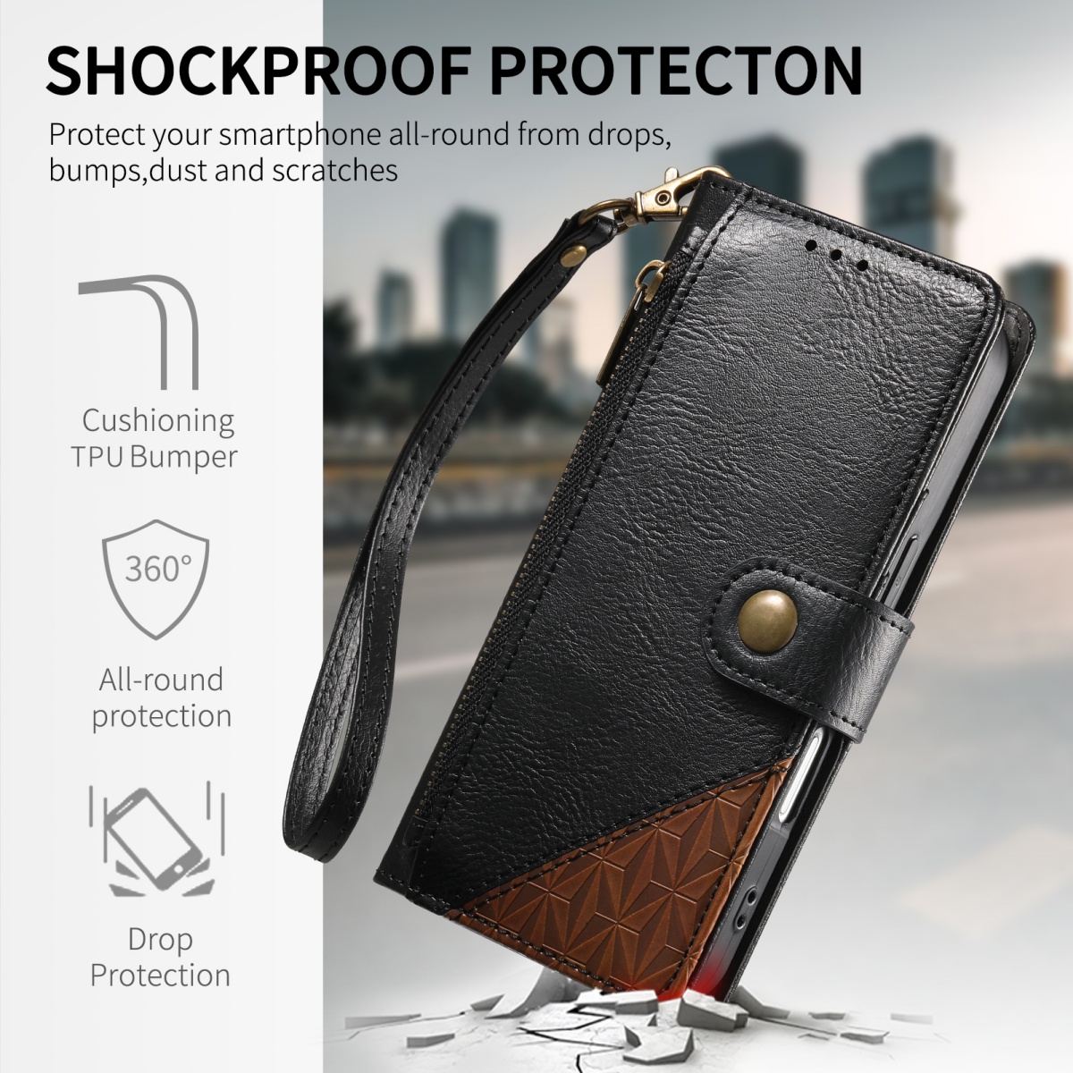 PU Leather Zipper Wrist Strap  - Flip Leather Case review and price